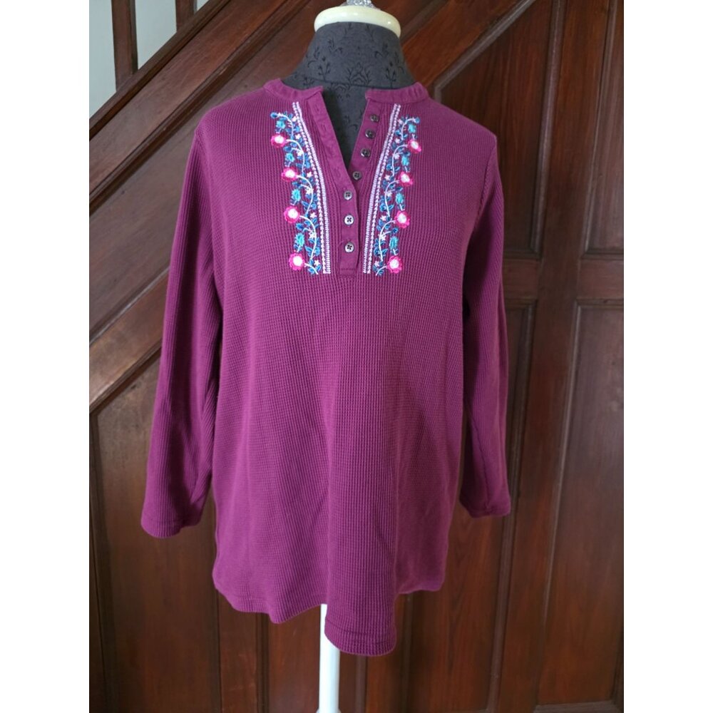 Woman Within Waffle Knit Embroidered Henley Long Sleeve Top Size L